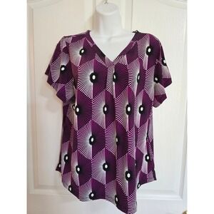 By Design Purple Geometric Print V Neck Short Sleeve Top Women's XL‎ /0493